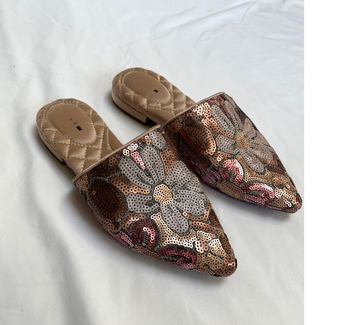 Birdies The Dove Floral Metallic Sequin Slides Slippers Mules, 5